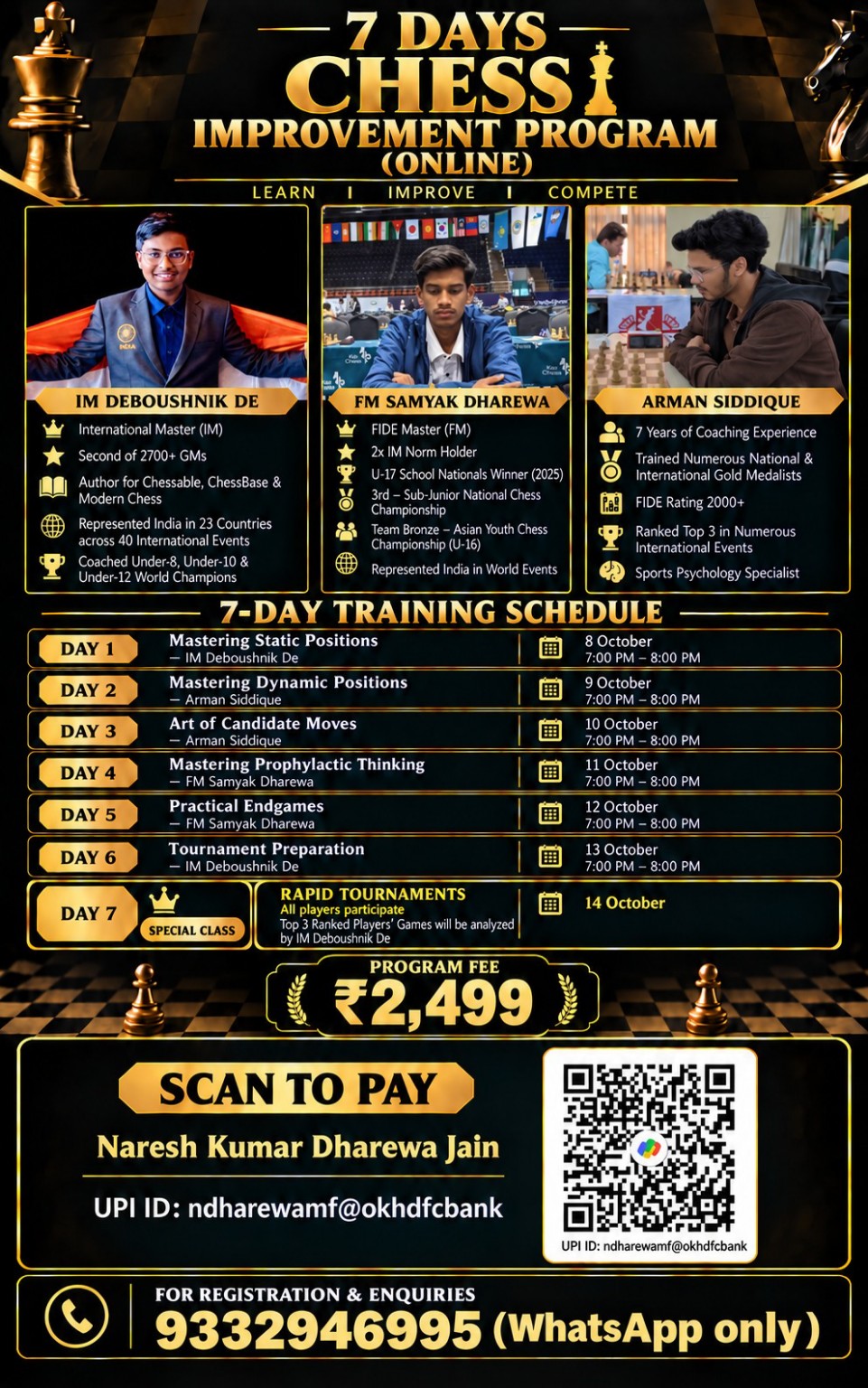 Official 7-Day Chess Improvement Program Brochure and UPI QR Code